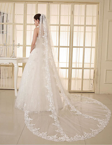 Velo Da Sposa Carufin Con Bordo In Pizzo Fiore - Lunghezza 89 Cm, Colore Avorio, Con Pettine Per Capelli - Foto 7