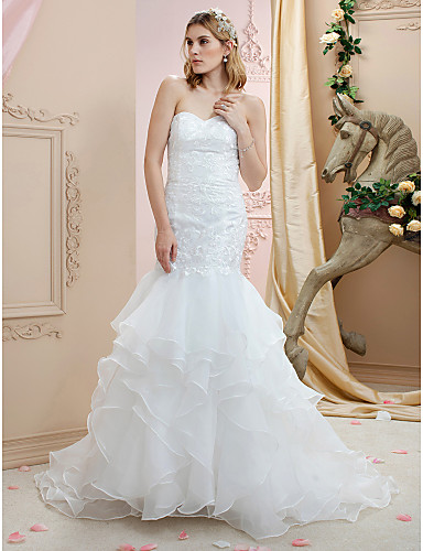 trompeta / sirena escote corazón corte encaje / organza vestidos de