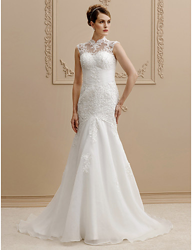 Mermaid / Trumpet High Neck Chapel Train Lace / Organza Cap Sleeve See ...