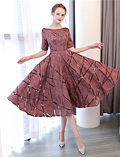 Casual Dress  A Line Bateau Neck Tea Length Satin Chiffon 