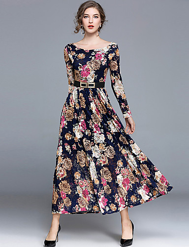 Femme Fleur Sortie Bohème / Chic de Rue Midi Trapèze / Dentelle / Balançoire Robe , Dentelle, Broderie Automne Noir L XL XXL Manches Longues de 6316733 2019