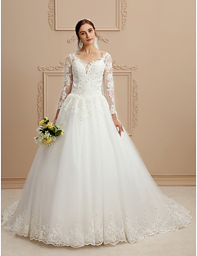 salón escote en pico capilla tul / encaje perlado vestidos de novia