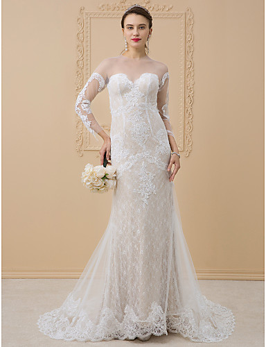 Sheath Column Tulle Chapel Train Off the Shoulder Dress