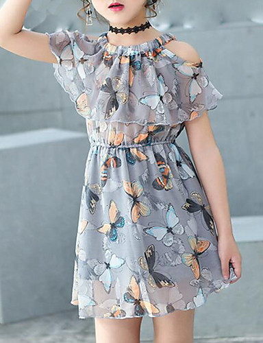 povoljno Najprodavanije-Djeca Djevojčice slatko Dnevno Praznik Plaža Rukav leptir Print Bez rukávů Haljina Sive boje / Pamuk