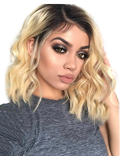 baratos Perucas de celebridades-Cabelo Natural Remy Frente de Malha Peruca Corte Bob Bob curto Rihanna estilo Cabelo Brasileiro Ondulado Onda de Corpo Âmbar Peruca 130% Densidade do Cabelo Mulheres Curto Perucas de Cabelo Natural