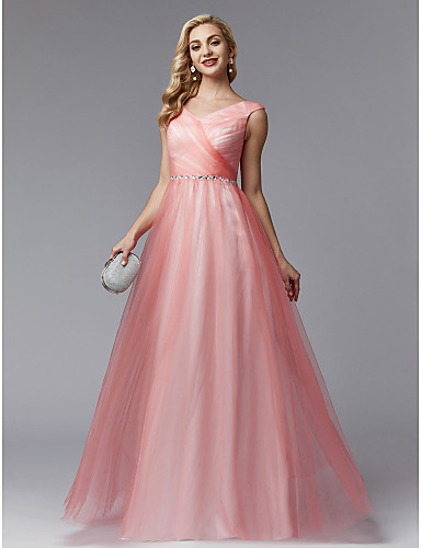 A Line V Neck Floor Length Tulle Color Block Prom Formal Evening 5013