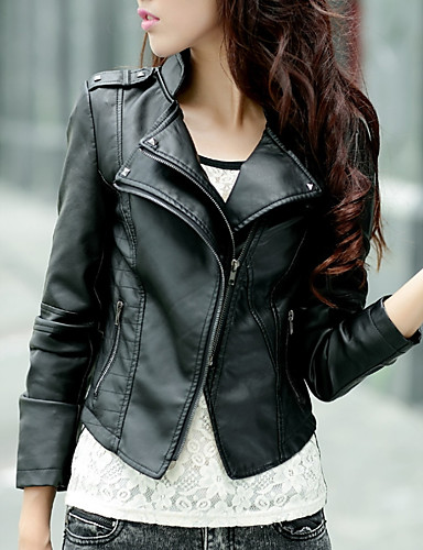 Women's Daily Short Leather Jacket, Solid Colored Stand Long Sleeve ...