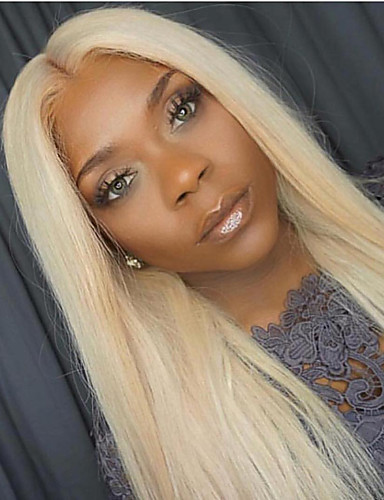 baratos Perucas de celebridades-Cabelo Humano Frente de Malha Peruca Parte do meio Gagá estilo Cabelo Brasileiro Liso Loiro Peruca 130% Densidade do Cabelo com o cabelo do bebê Venda imperdível 100% Virgem Não processado Nós