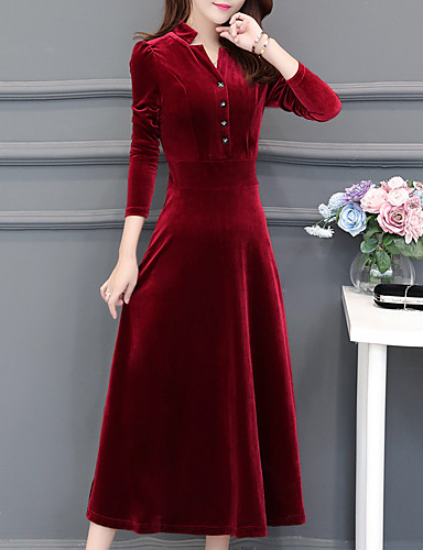 baratos Até 90% OFF-Mulheres Básico Algodão Delgado Evasê Bainha Vestido Decote V Médio