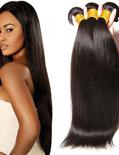 baratos Mechas de Cabelos Humano-3 pacotes Liso Cabelo Humano Não processado Cabelo Natural 300 g Cabelo Humano Ondulado Cuidados com Cabelo Extensor 8-28 polegada Côr Natural Tramas de cabelo humano Sedoso Suave Melhor qualidade