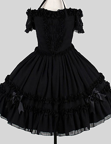 baratos Fantasias Estilo Lolita-Sweet Lolita Elegante Vestidos Mulheres Para Meninas Algodão Japanês Fantasias de Cosplay Tamanhos Grandes Personalizado Preto De Baile Sólido Borboleta Manga Curta Até os Joelhos