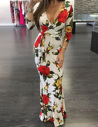 Women's Party Birthday Basic Maxi Slim Sheath Dress - Floral Geometric Print V Neck Spring 