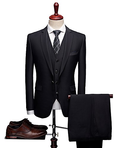 Black Patterned Tailored Fit Wool / Polyster Suit - Notch Single ...