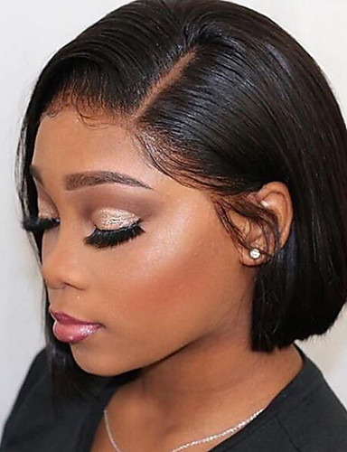 baratos Perucas de Cabelo Natural-Cabelo Humano Frente de Malha Peruca Corte Bob Bob curto estilo Cabelo Brasileiro Liso Seda Preta Peruca 130% Densidade do Cabelo Frete Grátis com o cabelo do bebê Riscas Naturais Para Mulheres