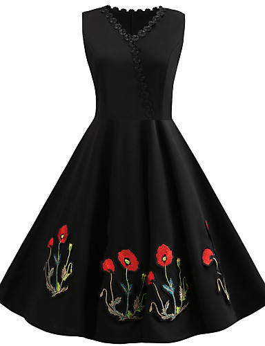 Women's Plus Size Black Dress Vintage Little Black Swing Floral ...