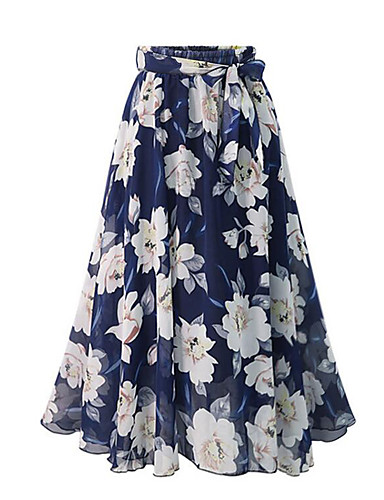 Women's Street chic Plus Size Maxi Swing Skirts - Floral Chiffon Black ...