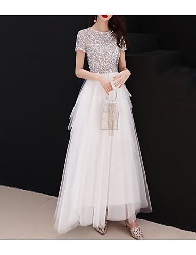 A-Line Jewel Neck Floor Length Tulle / Sequined Dress with Sequin ...
