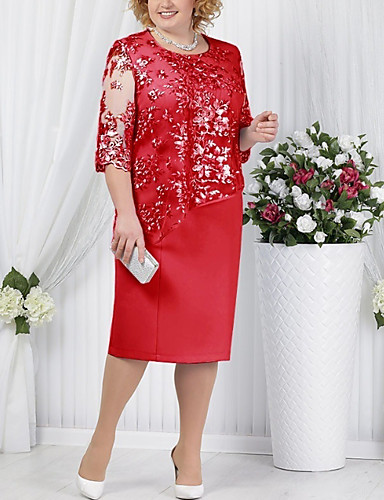 baratos Coleção Plus Size-Mulheres Camiseta Vestido - Renda Médio