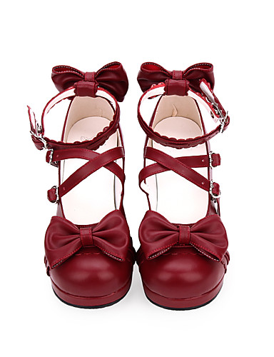 baratos Fantasias Estilo Lolita-Mulheres Sapatos Sweet Lolita Princesa Salto Grosso Sapatos Sólido 4.5 cm Preto Vermelho PU Leather Trajes de Halloween