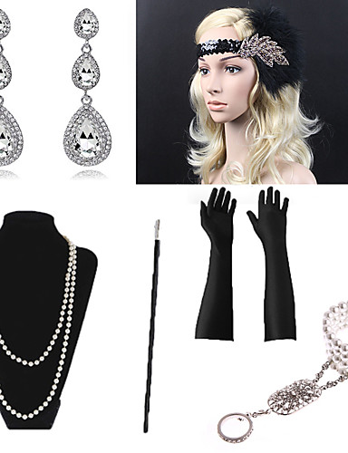baratos Fantasias, Acessórios e Bijuterias-Colar Brinco Pulseira Conjuntos de acessórios de fantasia Luvas Colar Retro Vintage Anos 20 Gatsby Penas Artificiais Para The Great Gatsby Cosplay Dia Das Bruxas Carnaval Mulheres Jóias de fantasia