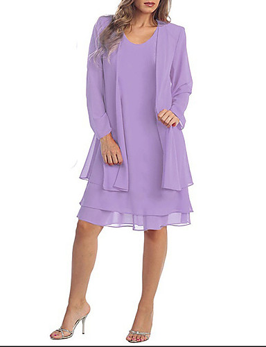 baratos Coleção Plus Size-Mulheres Tamanhos Grandes Duas Peças Vestido Sólido Acima do Joelho Cinto Não Incluso