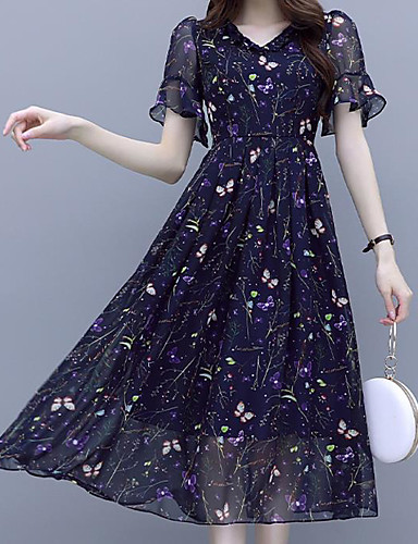 Women's Sophisticated Elegant Loose A Line Dress - Floral Print V Neck ...