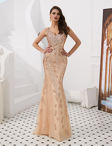 Mermaid / Trumpet V Neck Floor Length Tulle Sexy / Sparkle & Shine ...