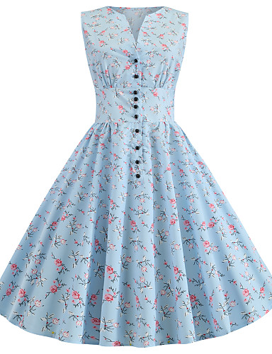 Women's Vintage A Line Dress - Floral Patchwork Print Blue L XL XXL ...