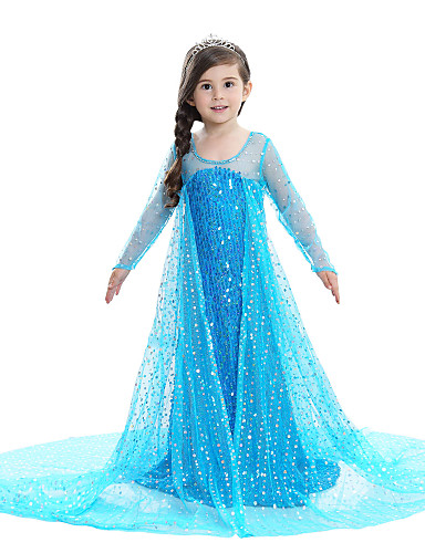 baratos Fantasias de Filme e Tema de TV-Princesa Elsa Vestidos Vestido da menina de flor Para Meninas Cosplay de Filmes Slip Linha-A padrão Vestido Rosa claro / Azul / Branco Vestido Dia da Criança Baile de Máscaras Lantejoula Algodão Voile