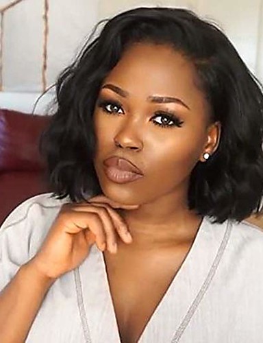 baratos Perucas de Cabelo Natural-Cabelo Natural Remy Frente de Malha Peruca Corte Bob Partida Profunda estilo Cabelo Brasileiro Ondulado Preta Peruca 180% Densidade do Cabelo com o cabelo do bebê Ajustável Resistente ao Calor Grossa