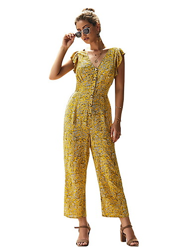 Women's Basic Deep V Yellow Blue Red Slim Jumpsuit Onesie, Floral Print ...