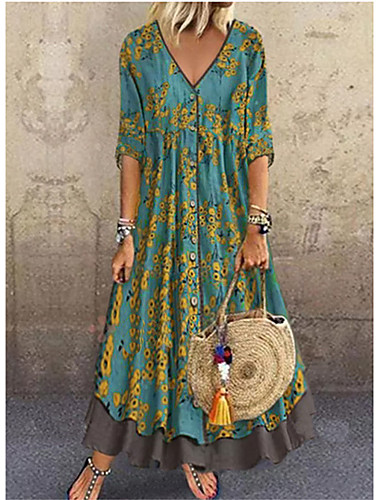 baratos Festas e Ocasiões-Mulheres Feriado Casual Solto Evasê Vestido - Multi Camadas Estampado, Floral Estampado Decote em V Profundo Longo