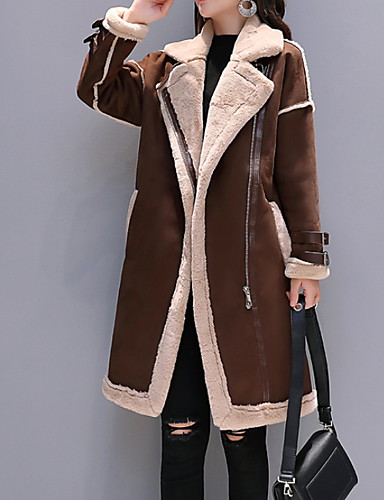 Women's Daily Fall & Winter Long Faux Fur Coat, Color Block Notch Lapel ...