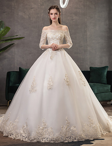 Ball Gown Off Shoulder Cathedral Train Tulle 3 4 Length Sleeve