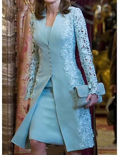 baratos Festas e Ocasiões-Mulheres Para Noite Elegante Para mãe Renda Duas Peças Vestido - Renda Estilo Formal Botão, Côr Sólida Estampado Cashemere Decote em V Profundo Altura dos Joelhos