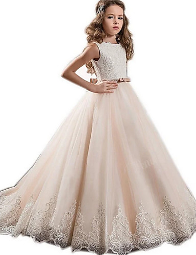 baratos Vestidos para Damas de Honra Junior-Linha A Gola Redonda Cauda Escova Cetim / Tule Vestido de Daminha de Honra com Apliques / Faixa / Fita