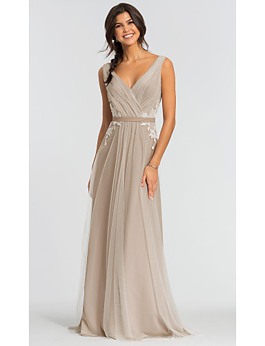 Long A Line V Neck Tulle Open Back Prom Dress with Lace Flowers Sky Blue Formal Graduation Evening Dresses main image 1