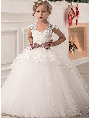 baratos Vestidos para Damas de Honra Junior-Princesa Quadrado Longo Renda / Cetim / Tule Vestido de Daminha de Honra com Renda / Faixa / Fita