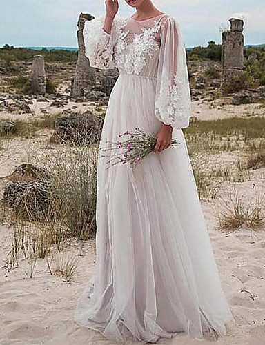 A Line Jewel Neck Floor Length Tulle Long Sleeve Romantic Illusion