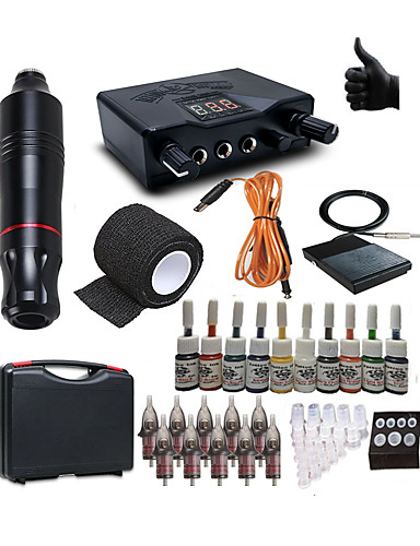 baratos Tatuagens e Arte Corporal-BaseKey Máquina de tatuagem Conjunto de Principiante - 1 pcs máquinas de tatuagem com 10 x 5 ml tintas de tatuagem, Profissional Fonte de Alimentação LED Capa Inclusa 12 W Caneta de tatuagem