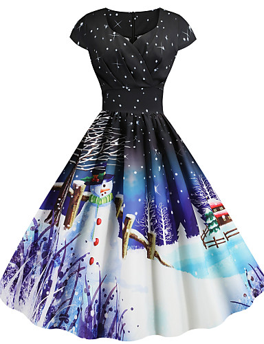 baratos Compras de Natal-Mulheres Festa Básico Bainha Vestido - Estampado, Floco de Neve Decote Princesa Altura dos Joelhos Boneco de Neve Cinto Não Incluso