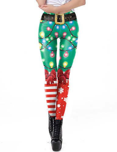 baratos Compras de Natal-Mulheres Natal Estampada Legging - Geométrica Cintura Média Verde S M L / Delgado