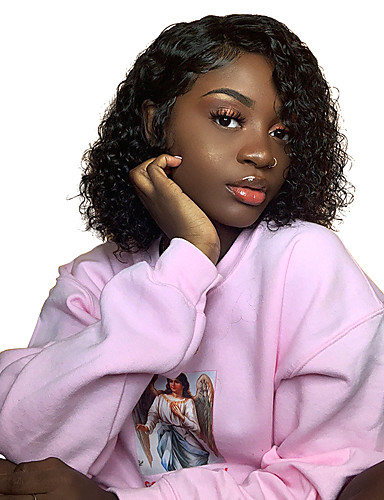 baratos Perucas de celebridades-Cabelo Humano 4X13 Encerramento Frente de Malha Peruca Corte Bob Bob curto Rihanna estilo Cabelo Brasileiro Encaracolado Natural Peruca 130% 150% Densidade do Cabelo com o cabelo do bebê Riscas