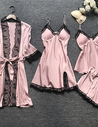 baratos Lingerie de Moda-Mulheres Decote em V Profundo Conjunto Pijamas Sólido