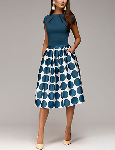 baratos Vestidos Femininos-Mulheres Moda de Rua Elegante Evasê Bainha balanço Vestido - Patchwork Estampado, Poá Geométrica Altura dos Joelhos