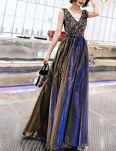 A Line Plunging Neck Floor Length Polyester Sparkle 