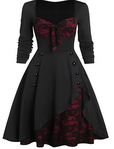 baratos Vestidos Femininos-Mulheres Anos 50 Elegante Evasê Vestido - Renda, Estampa Colorida Decote U Altura dos Joelhos