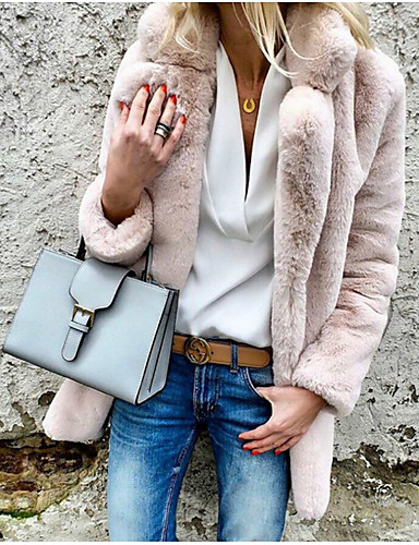 baratos Roupa de Exterior Feminina-Mulheres Diário Básico Outono &amp; inverno Padrão Casaco, Sólido Colarinho Chinês Manga Longa Pêlo Sintético Cinza Claro / Branco / Rosa