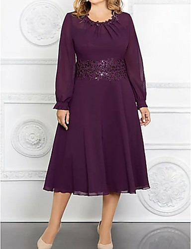 A-Line Mother of the Bride Dress Plus Size Jewel Neck Tea Length...