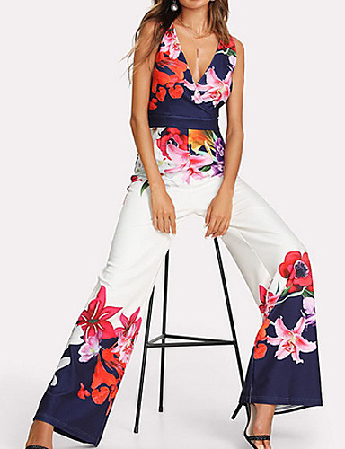 baratos Oferta-Mulheres Floral Kentucky Derby Diário Elegante Decote em V Profundo Branco Perna larga Macacão Pijama Macacão, Floral S M L